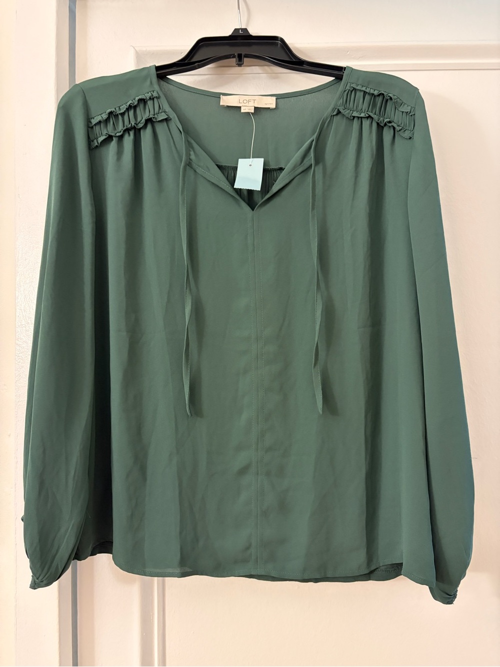 LOFT Sage Green Long-Sleeve Ruffle Yoke Tie Blouse